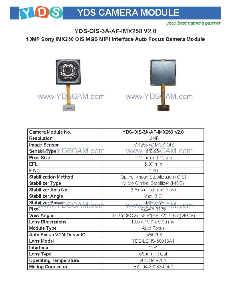Yds-Ois-3A-Af-Imx258 V2.0 13MP Imx258 Ois Mgs Mipi Interface Auto Focus Camera Module