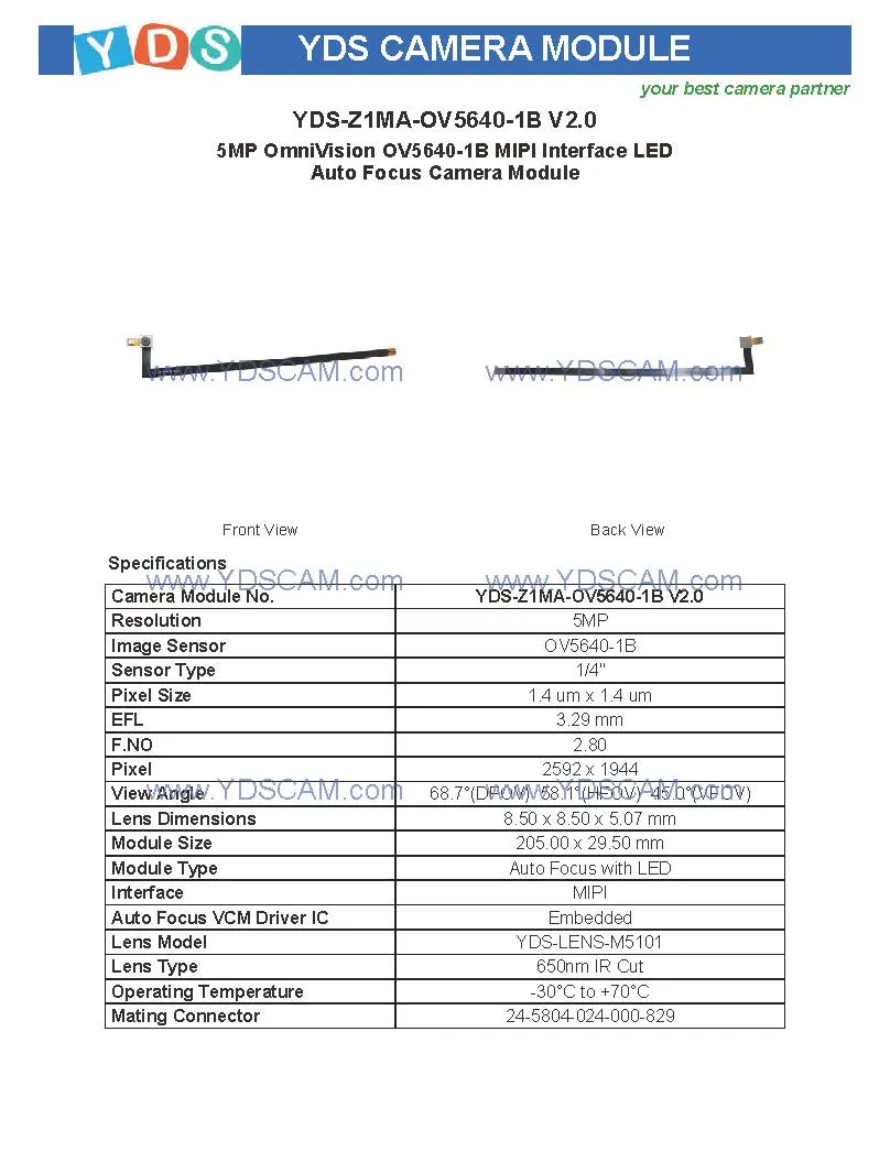 Yds-Z1ma-Ov5640-1b V2.0 5MP Ov5640-1b Mipi Interface LED Auto Focus Camera Module