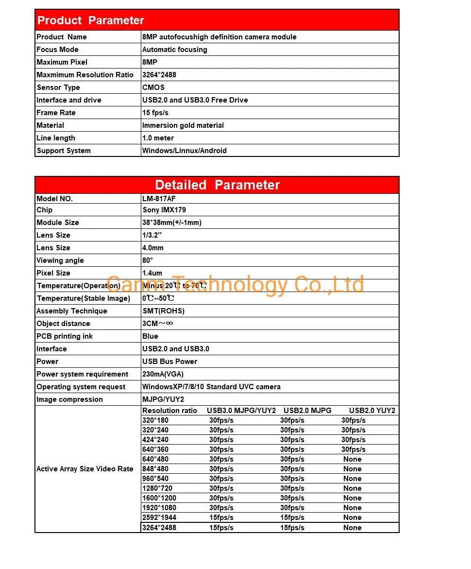 8MP Sony Imx179 Sensor 1080P USB2.0/3.0 Auto Focus HD Camera Module