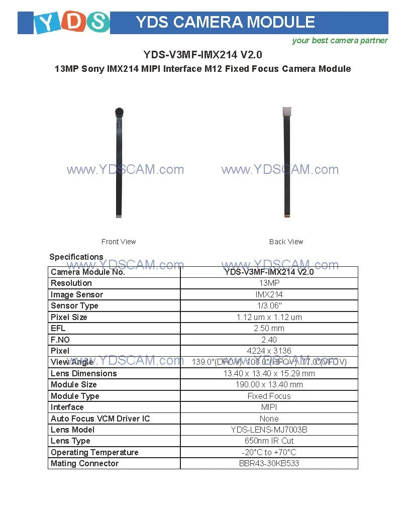 Yds-V3mf-Imx214 V2.0 13MP Imx214 Mipi Interface M12 Fixed Focus Camera Module