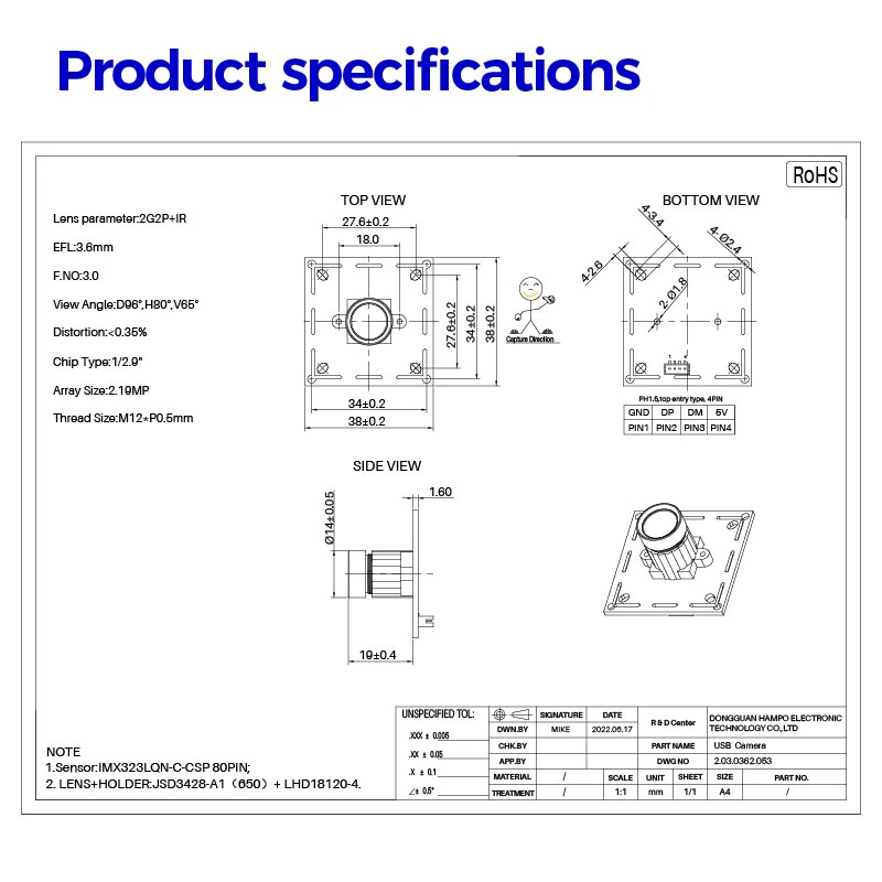 Factory Customized 3.6mm Lens 1080P Full HD Imx323 Low Light USB2.0 Camera Module for Robot ATM Machine