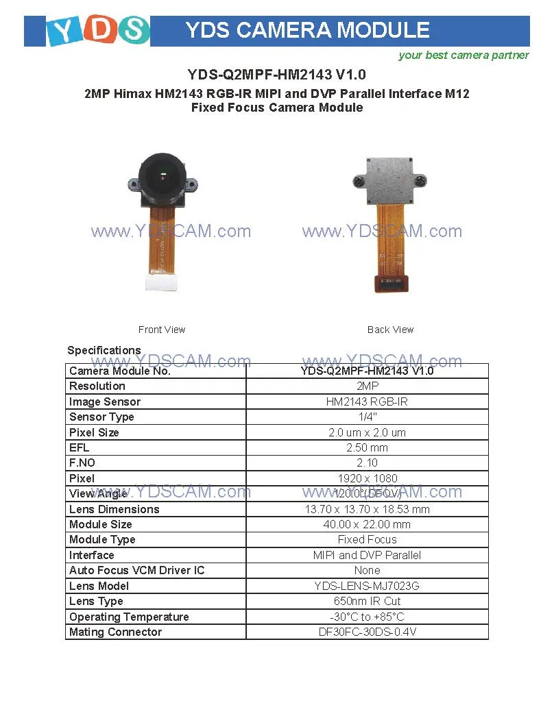 Yds-Q2mpf-Hm2143 V1.0 2MP Hm2143 RGB-IR Mipi and Dvp Parallel Interface M12 Fixed Focus Camera Module